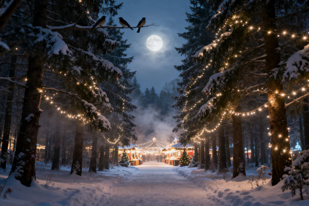 Winter night in the forest. Winter fairy tale. Carpathians, Ukraine.の素材