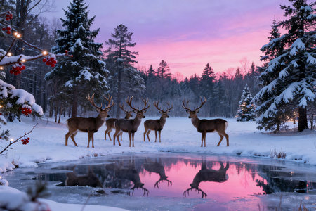 Beautiful winter landscape with deers in the forest at sunset.の素材