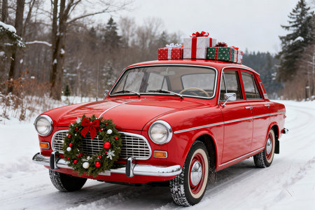 Vintage red car with christmas tree and presents in winter forestの素材