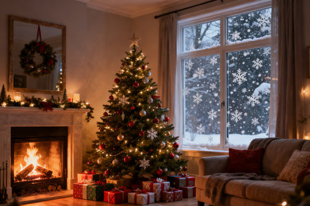 Beautiful living room with Christmas tree, presents and fireplace at nightの素材