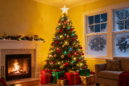 Beautiful Christmas tree with presents and fireplace in the living room at homeの素材