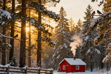 Winter landscape with red house and birds in the forest at sunset.の素材