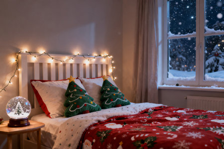 Christmas decoration on the bed in the bedroom at night. Christmas and New Year concept.の素材