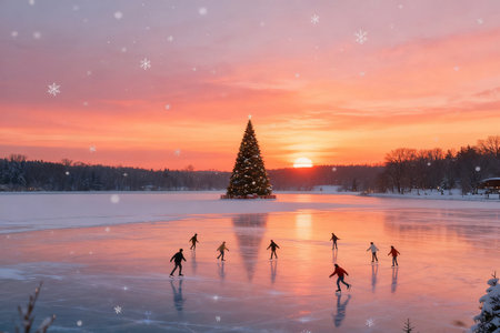Beautiful winter landscape with frozen lake and christmas tree in sunsetの素材