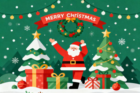 Merry Christmas and Happy New Year greeting card with Santa Claus, Christmas tree, gifts and garland.の素材