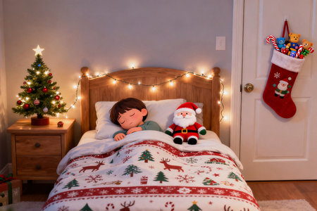 Christmas and New Year holidays concept. Cute little boy sleeping in bed with Christmas tree and presentsの素材