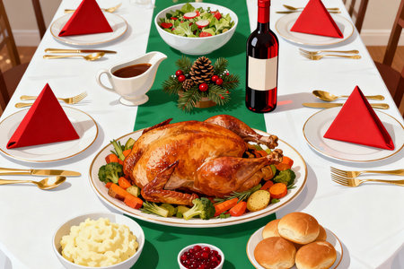 Christmas dinner table with roasted turkey and wine. Top view. 3d illustrationの素材