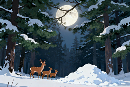 Deer in the winter forest at night with full moon. Vector illustration.の素材