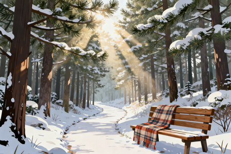 Wooden bench in the winter forest. 3d render illustration.の素材