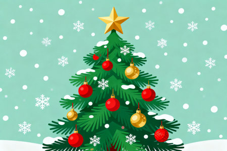 Christmas tree with red balls and snowflakes. Vector illustration.の素材