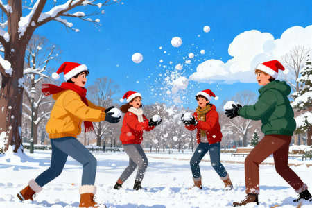 Happy friends playing snowballs in the park in winter. Vector illustration.の素材