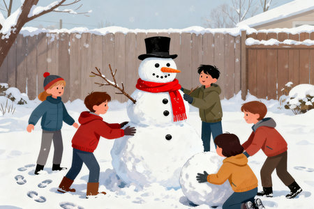 Children making a snowman in the yard. Vector cartoon illustration.の素材