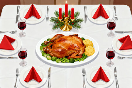 Christmas dinner table with roasted turkey, mashed potatoes and cranberry sauceの素材