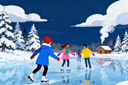 Children ice skating on a frozen lake in winter. Vector illustration.の素材