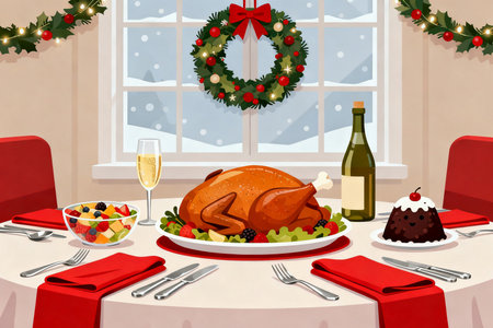 Christmas table with roasted turkey and wine. Vector illustration in cartoon style.の素材