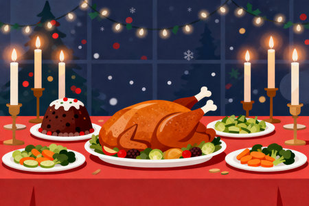 Christmas dinner with roasted turkey and vegetables. Vector illustration in flat styleの素材