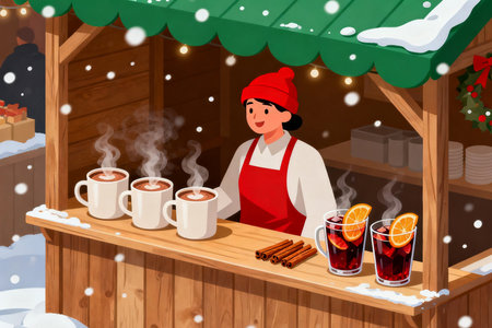 Illustration of a woman selling hot mulled wine at a Christmas marketの素材