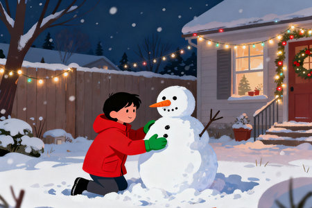Boy making a snowman in front of his house. Illustration.の素材