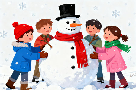 Children playing in the snow with a snowman. Vector illustration.の素材