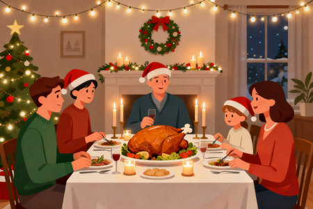 Happy family sitting at the Christmas table and eating turkey. Vector illustration.の素材