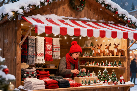 Young woman buying souvenirs at Christmas market in Riga, Latvia.の素材