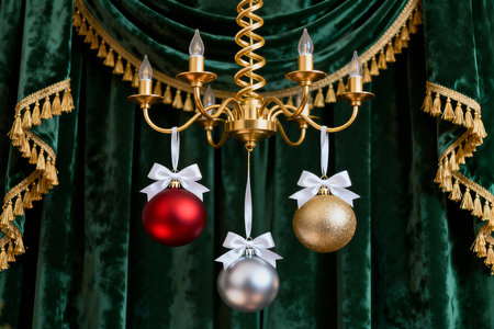 Christmas decorations hanging from a golden chandelier on a green curtain backgroundの素材