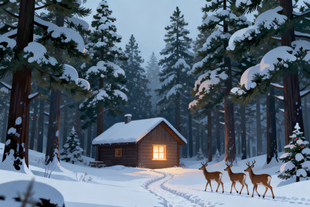 Winter landscape with wooden house and deers. 3d render.の素材