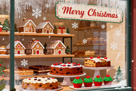 Christmas cakes and gingerbread houses in the window of the store.の素材