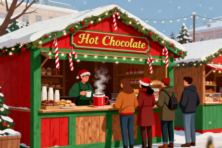 Christmas market in the city. People buy sweets and drink hot chocolate.の素材