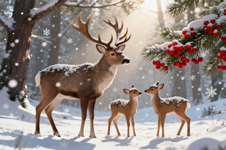Deer family in winter forest with snow and red berry.の素材