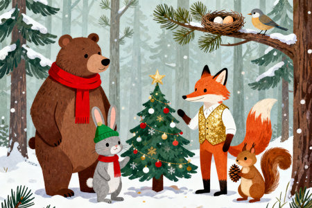 Winter forest with animals. Cute cartoon bear, fox, hare, squirrel, owl and bird.の素材