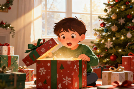 Cute little boy opening a gift box in front of a Christmas treeの素材