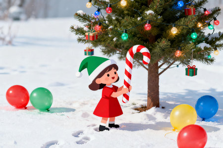 Little girl in red dress with christmas tree and colorful balloons.の素材