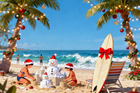 Christmas and New Year holiday concept. Santa Claus and snowman on the beach.の素材