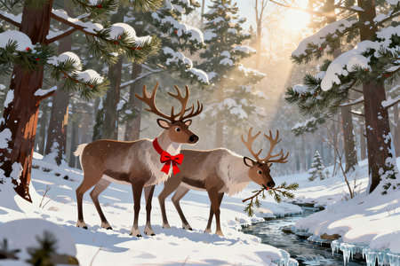 Two reindeer in the winter forest. 3d illustration.の素材