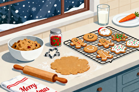 Christmas cookies on the table in the kitchen, top view, vector illustrationの素材