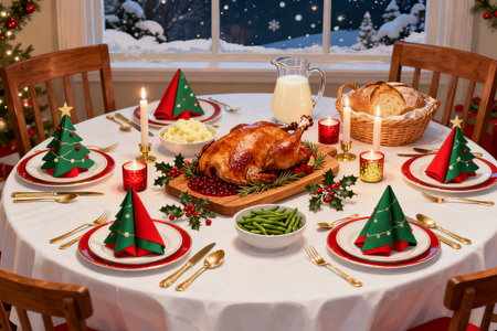 Traditional Christmas dinner with roasted turkey on festive table in front of window.の素材