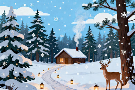 Winter landscape with a wooden house and deer in the forest. Illustration.の素材