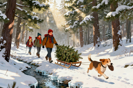 Winter hiking in the forest with a dog and a sled. A man with a dog carries a Christmas tree.の素材