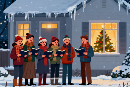 Children read books near the house in the winter. Vector illustration.の素材