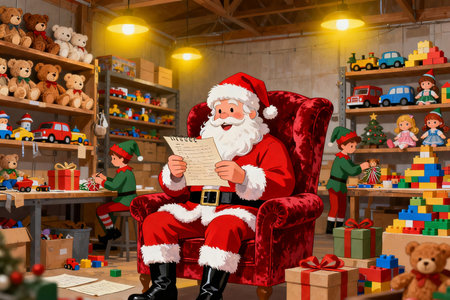Santa Claus sitting in an armchair reading a book in his workshop.の素材