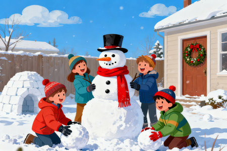 Children make a snowman in front of their house. Vector illustration.の素材