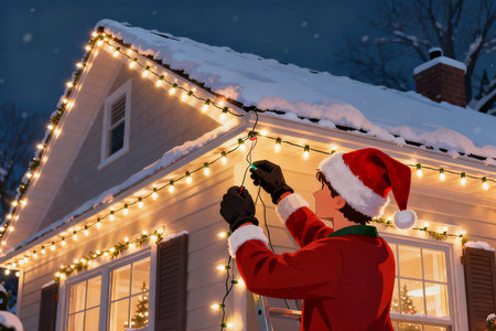 Man in Santa Claus costume decorating house with garland at nightの素材