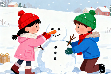 Children making a snowman in the winter. Vector cartoon illustration.の素材