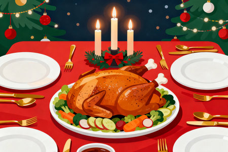 Christmas dinner with roasted turkey on red tablecloth. Vector illustration.の素材