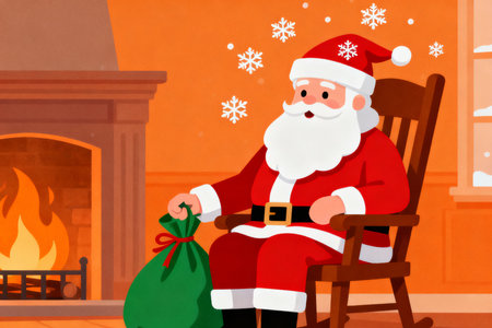 Santa Claus sitting in rocking chair with a bag of gifts in front of the fireplaceの素材