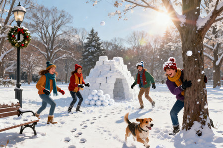 Group of friends having fun in winter park with igloo and dogの素材