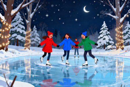 Children ice skating on ice rink at night in winter forest, vector illustrationの素材