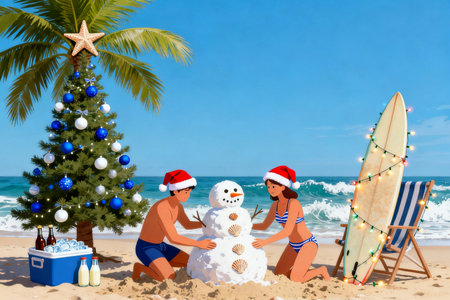 Happy couple in Santa hats making snowman at the beach. Christmas holiday concept.の素材
