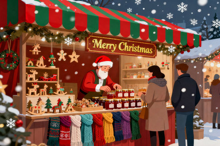 Christmas market with Santa Claus and people at the background. 3D illustration.の素材